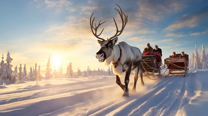 Fotobehang A sleigh pulled by reindeer on the winter background Ai Generative © Tebha Workspace