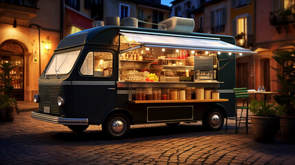 Street food van. Street with captivating atmosphere and Italian architecture. Banner.