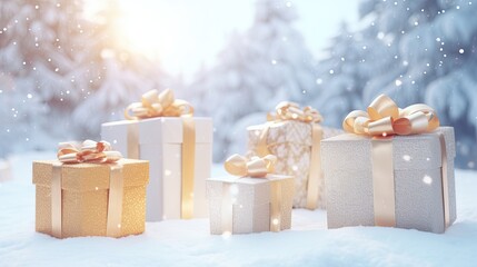 Portrait gift boxes on the winter background Ai Generative