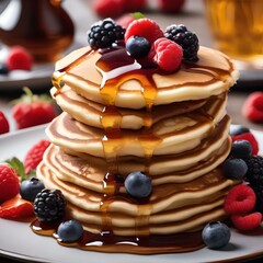 A stack of fluffy pancakes with maple syrup and berries2
