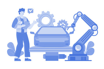 Automated car production Illustration concept pr white background