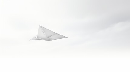 A playful and adventurous image of a white paper airplane flying in a cloudy sky. The paper airplane is in the center of the image and is flying towards the right side of the image. The background is