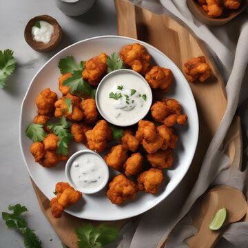 A plate of spicy buffalo cauliflower bites with a side of ranch dressing4