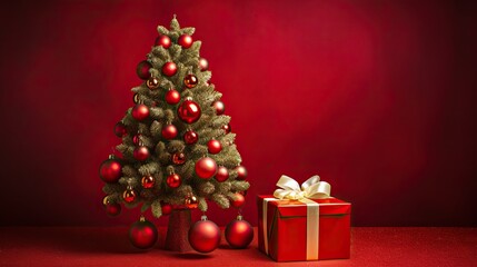 Fototapeta na wymiar Portrait Christmas tree with gift box on the red background Ai Generative
