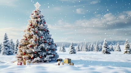 Portrait Christmas tree with gift box on the winter background Ai Generative