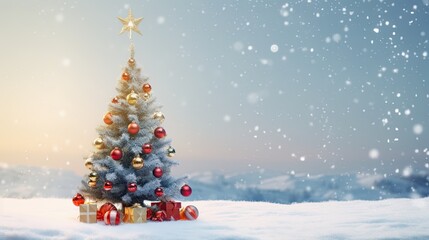 Portrait Christmas tree with gift box on the winter background Ai Generative