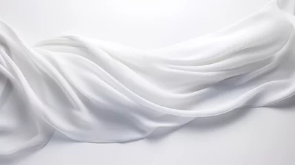 Wandcirkels tuinposter White silk fabric draped in a wave-like pattern.a smooth and flowing white silk fabric that creates a gentle curve. The fabric has a soft texture and a bright color that contrasts with the plain white © พงศ์พล วันดี