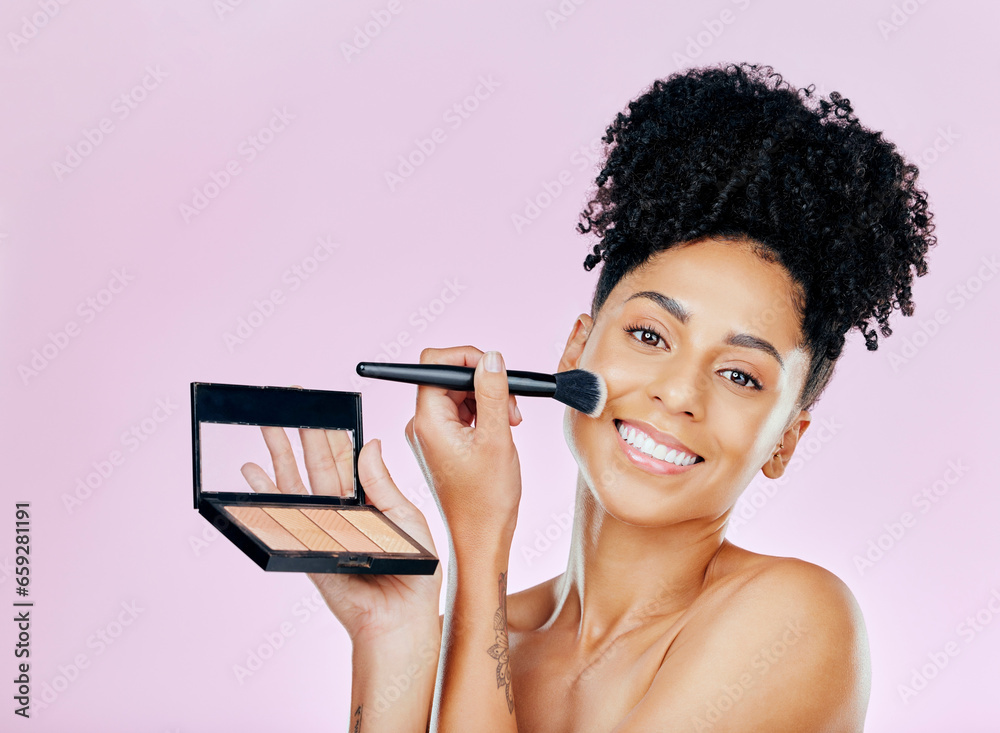 Poster Makeup brush, palette and studio portrait of happy woman with tools, beauty product or cosmetics powder choice. Mirror, facial cosmetology treatment and face of dermatology person on pink background