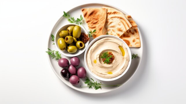 A Mediterranean mezze dish with pita bread, hummus, and olives is shown in a flat lay top view.