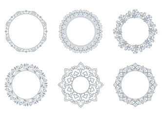 Set of decorative frames Elegant vector element for design in Eastern style, place for text. Floral gray and white borders. Lace illustration for invitations and greeting cards