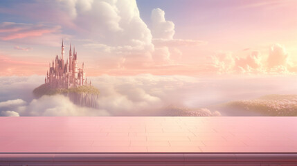 Fototapeta premium Empty table against a backdrop of soft pink clouds and a pastel fairytale castle in the distance