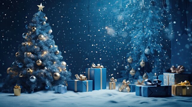 Portrait Christmas tree with gift box on the blue glitter background AI Generative