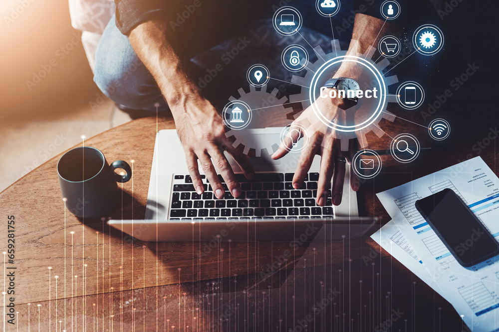 Leinwandbilder Hand typing on laptop with overlay, icon for networking and connectivity in business communication from above. Internet, infographic and person writing email for contact, research and web software ux