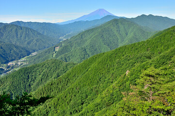 道志山塊の道志山稜縦走コース　赤鞍ヶ岳のウバガ岩より富士山と道志山稜を望む
