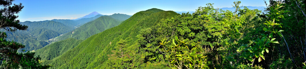 Fototapeta na wymiar 道志山塊の赤鞍ヶ岳　ウバガ岩より富士山と道志山稜を望むパノラマ写真 