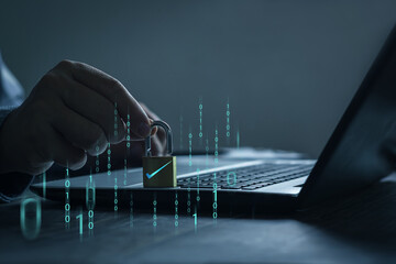Cybersecurity privacy of data protection, Businessman hand and encrypt virtual lock screen icon. information safety and encryption, Digital technology safety. business confidentiality.