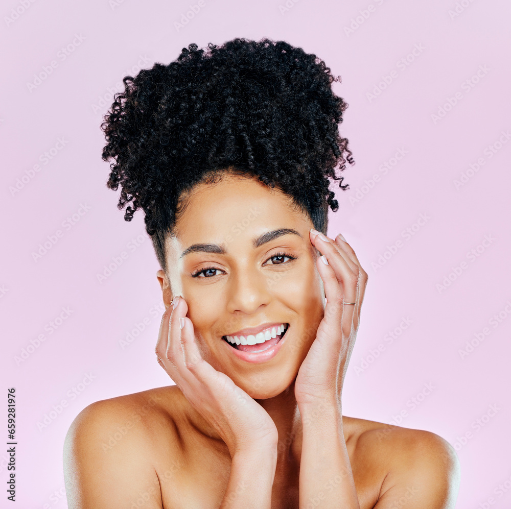 Sticker Natural beauty, portrait and happy woman in studio for wellness, cosmetics or treatment on pink background. Smile, skincare and hands on face of female model excited for dermatology results or glow