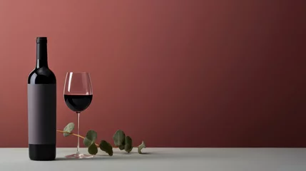 Rolgordijnen Red wine bottle with a glass on a simple empty background © tashechka