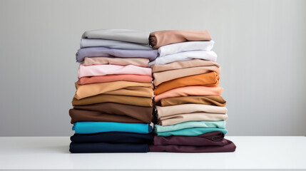Folded clothes in stacks of various simple colors placed on a table on a white background