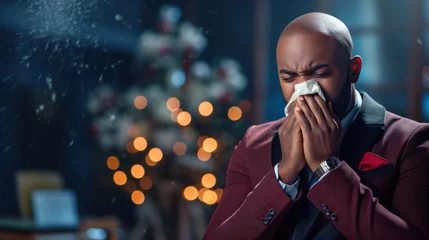 Fotobehang A dark-skinned young man allergy or flu sufferer blows his nose or sneezes into a handkerchief in his home in front of a Christmas tree.. © tashechka