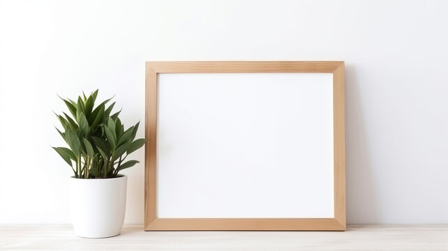 Fototapeta Empty wooden frame on white background, mockup, minimalist
