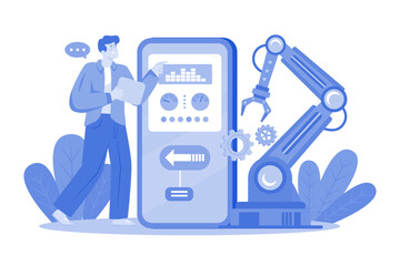 Production Automation with mobile app Illustration concept mobile white background