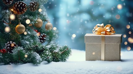 Fototapeta na wymiar Portrait gift box with Christmas ball on the sparkle background AI Generative