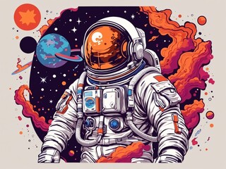 very details astronaut ,lost in galaxy background, Tshirt design, streetwear design, pro vector, japanese style, full design, 6 colors only, solid colors, no shadows, full design, warm colors, sticker - obrazy, fototapety, plakaty