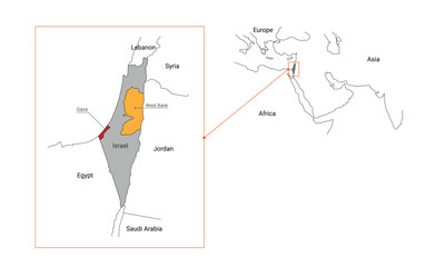 Line map symbols of Israel-Palestine that specifies the Gaza and West Bank areas. A location in the Middle East that borders another country. - obrazy, fototapety, plakaty