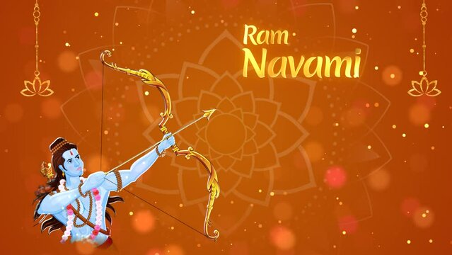 Motion graphic shot of Ram Navami - Indian festival  auspicious day  company greetings  Designs  Company wish template. Illustration shot of Ram Navami - lord Ram holding a trident on a colored bac...