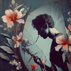 Silhouette on an abstract background with flowers and a broken mirror. Contemporary art collage. Generated by AI