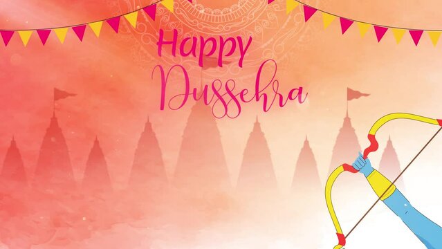 Motion graphic shot of Happy Dussehra - company greetings  company wish template  Vijayadashami. Illustration of an Indian festival - Dussehra  Closeup hands of lord Ram with arrow bow  social medi...