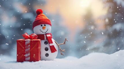 Snowman with red gift box on the winter background AI Generative