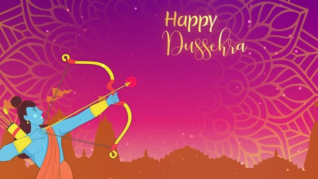 Motion graphic shot of Dussehra - Happy Dussehra  greetings  company wish template. Illustration of Happy Vijayadashami - Lord Ram with arrow and bow  Motion text  Design  4k footage