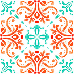 Abstract watercolor tile ornament with bright colors - orange, turquoise. Seamless pattern on a white background. Large format.