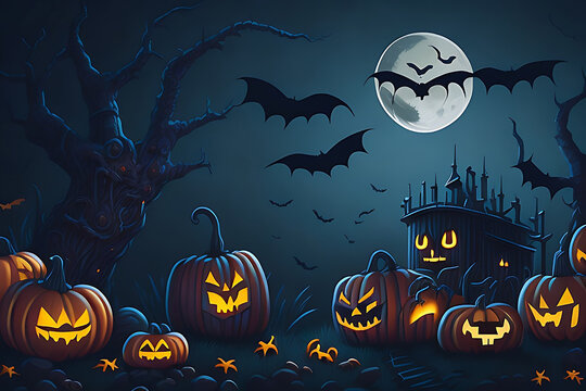 Halloween background with pumpkins and haunted house - 3D render. Halloween background with Evil Pumpkin. Spooky scary dark Night Forrest. Holiday event Halloween banner background concept