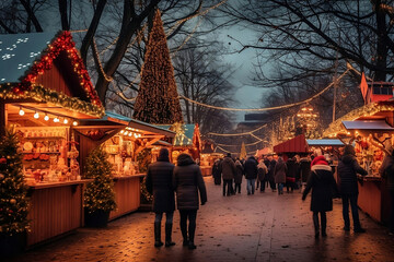 people walking in the holiday markets, Festive Bazaars: Vibrant Christmas Markets Bursting with Colorful Stalls, Twinkling Lights, and Joyful Shoppers in Holiday Cheer, Christmas, Winter. - obrazy, fototapety, plakaty