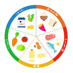栄養素、タンパク質、炭水化物、脂質、ミネラル、ビタミンの色々な食品の円グラフイラスト素材