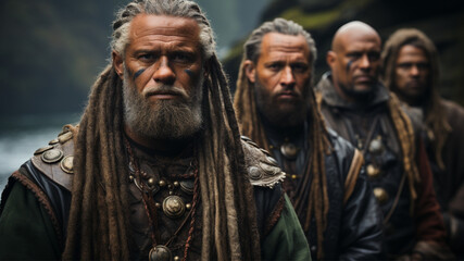 Naklejka premium Norse Viking men, dressed in typical Viking attire