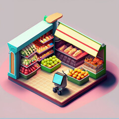 Isometric 3d illustration of a grocery store with shelves full of products
