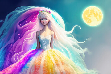 Illustration of beautiful princess with long white hair and pink dress