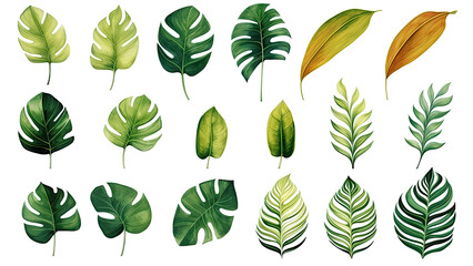 Exotic plants, palm leaves, monstera on an isolated transparent white background, watercolor vector illustration - obrazy, fototapety, plakaty