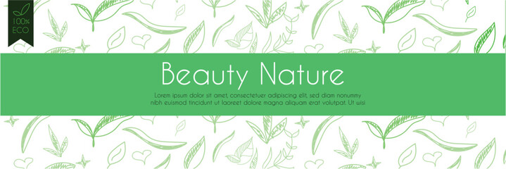 Green nature beauty cosmetic pattern, eco cosmetics concept for bio cosmetics banner. Vector icons of heart. Eco-friendly seamless background. Natural pattern and logo for beauty care. label tag