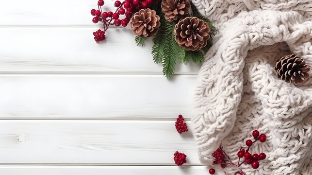 Pinecone, pine needles, red berries, white and red knitted scarf on white retro wooden background. Christmas and winter atmosphere background.