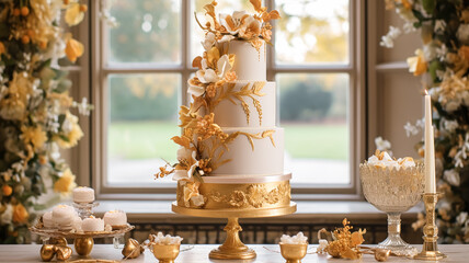 Wedding cake design, autumnal dessert styling and holiday decoration, multi-tier cake for an autumn event venue, food catering service and elegant country decor, cottage style