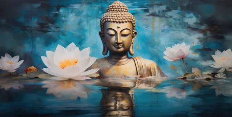 Foto op Aluminium the painting of buddha golden statue decorated with lotus blossoms © Kien
