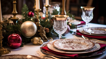 Naklejka premium Holiday table decor, Christmas holidays celebration, tablescape and dinner table setting, English country decoration and home styling