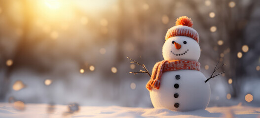 a snowman wearing a scarf and hat with snow - obrazy, fototapety, plakaty
