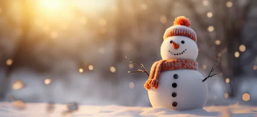 Poster a snowman wearing a scarf and hat with snow © Kien