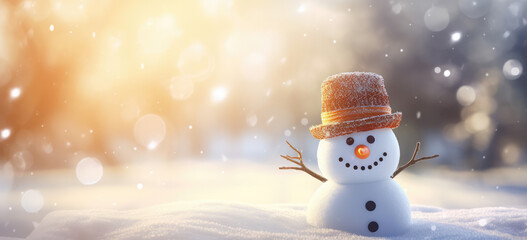 a snowman wearing a scarf and hat with snow